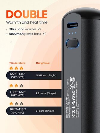 Електричні грілки для рук Warmco 2 шт., 10000 мАг, багаторазові, 3 режими нагріву, портативна батарея-грілка, чорний