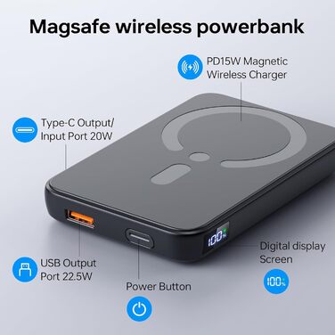 МАг, сумісний з Magsafe, 22,5 Вт PD, бездротовий, LED-дисплей, чорний, 12000