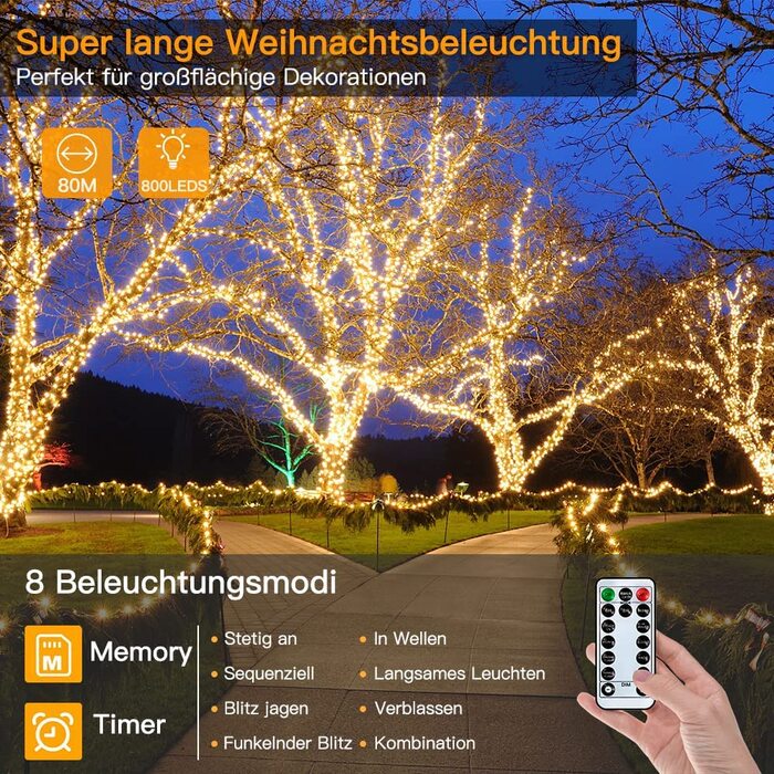 Світлодіодна гірлянда 80 м 800-Світлодіодна ланцюжок вогнів всередині теплий білий 8 режимів довгий ланцюжок вогнів з дистанційним управлінням таймер харчування, IP44