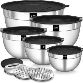 Набір мисок для перемішування 5 шт. з нержавіючої сталі, набір салатників з герметичними кришками, 3 насадки-тертки, об'єм 4.5L, 2.7L, 1.6L, 1.1L, 0.7L, скляні, розбірні, можна мити в посудомийній машині