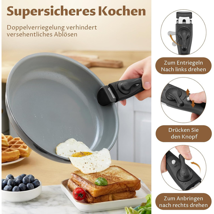 Набір каструль BEZIA 17 предметів з знімним ручками, антипригарне покриття кераміки, набір для індукційних плит, підходить для всіх типів плит, складається, набір каструль Induktion, посуд для кемпінгу, придатний для духовки (темно-сірий)