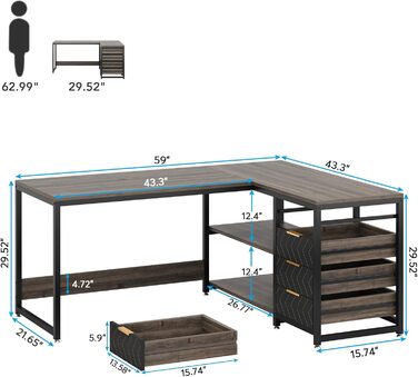 Письмовий стіл Tribesigns L-подібний з 4 шухлядами, комп'ютерний стіл, 2 полиці, кутовий, з місцем для зберігання, для офісу, кабінету, вітальні, 150×110×75 см (Волоський горіх & Білий) (Сірий)