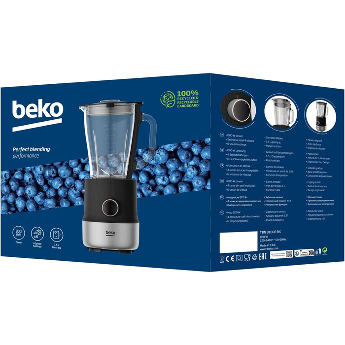 Блендер стаціонарний BEKO TBN81808BX, 800 Вт, 6 швидкостей, 4 леза з нержавіючої сталі, 1750 мл, тримач кабелю, чорний