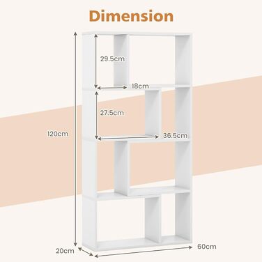 Стелаж GIANTEX з 8 відділеннями, 60 x 20 x 120 см, з кріпленням від перекидання, для вітальні та дитячої кімнати (білий)