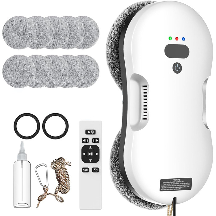 Робот для миття вікон з автоматичним струменем води, 5600 Па, автоматичний мийник вікон, інтелектуальна навігація, пульт дистанційного керування, для гладких поверхонь, з 10 ганчірками для миття (E 2800pa)