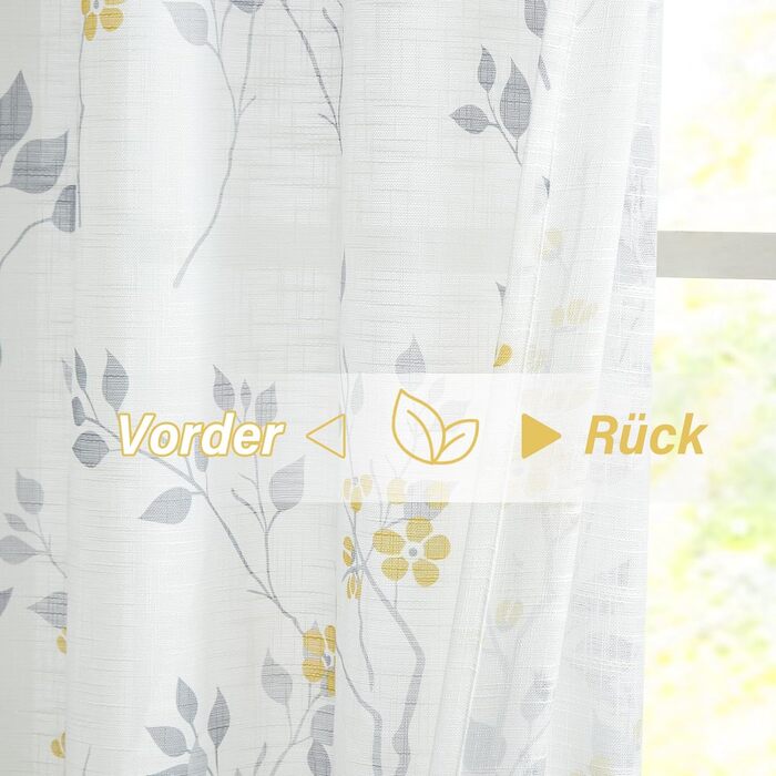 Штори Beauoop Yellow Grey Voile, Квітковий візерунок, Лляний вигляд, Комплект з 2 шт. , 127x245см, напівпрозорі