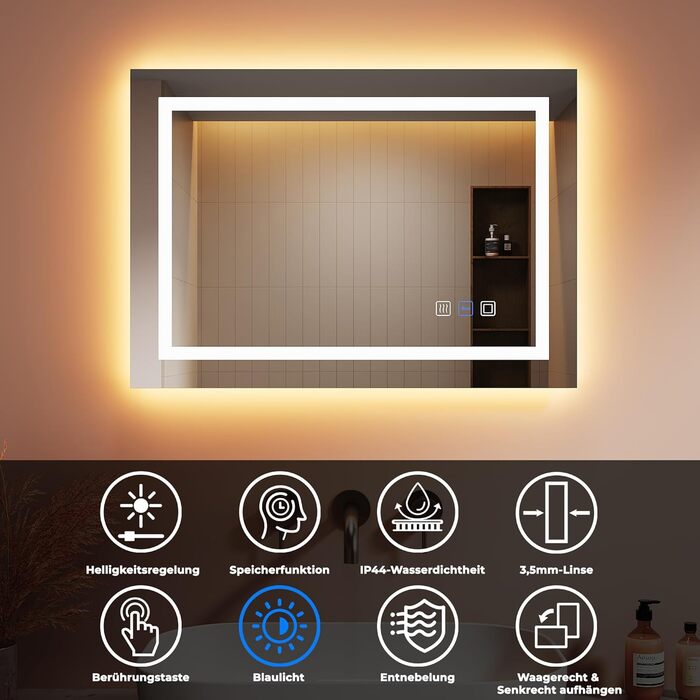 Дзеркало для ванної кімнати LOMIKEN з підсвічуванням, 60x50x3,5 см, LED, 6400K, 3 колірні температури, антивідблиск, вертикальна/горизонтальна установка