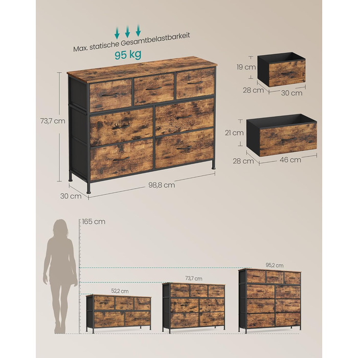 SONGMICS Комод з 7 висувними ящиками, шафа для зберігання, сталь, MDF, флізелін, для спальні, прихожей, вітальні, кольори: білий, коричневий, чорний
