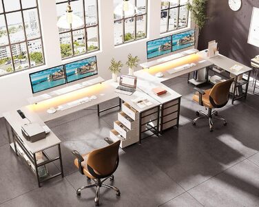 Кутовий стіл ODK з 4 шухлядами, місцем для зберігання, 2 розетками та 2 USB-портами для зарядки, з підсвічуванням LED та підставкою для монітора, 167×102 см, білий