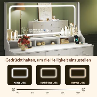 Діплекс туалетний столик з підсвіткою, 110 см, з 11 шухлядами та LED-дзеркалом, білий. Сучасний туалетний столик для спальні та гардеробної