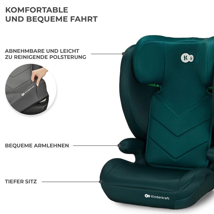 Дитяче автокрісло Kinderkraft i-spark i-Size, група 2/3, 100-150 см, від 3,5 до 12 років, від 15 до 36 кг, Легке (4,5 кг), 3-точковий ремінь безпеки, Бічний захист, Чорний (Зелений)