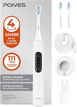 Електрична зубна щітка POIVES P1 Pro з датчиком тиску, 72 000 рухів, гарантія до 4 років, 111 днів без ризику, тривалий час роботи, колір Midnight Blue (P1 Pro Silk White)