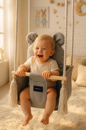 NATILU® Дитяча гойдалка для дому та саду | Велюр Сірий Ведмідь | Дерев'яна гойдалка | Гойдалка для малюків | Гойдалка для саду | Гойдалка для дітей від 6 місяців