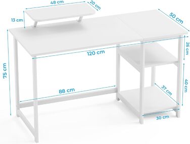 Білий письмовий стіл GreenForest з місцем для зберігання, 100 см, комп'ютерний стіл з підставкою для монітора, для дому та офісу, колір - чистий білий (120x50 см)