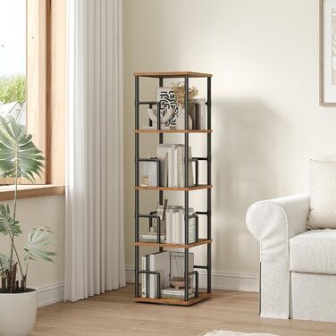 Стелаж для книг MAHANCRIS з 4 полицями, поворотний, з підставками для книг, 30 x 30 x 127,5 см, підлоговий, для невеликих приміщень, індустріальний дизайн, для вітальні, спальні, коричневий та чорний ABKHR1501