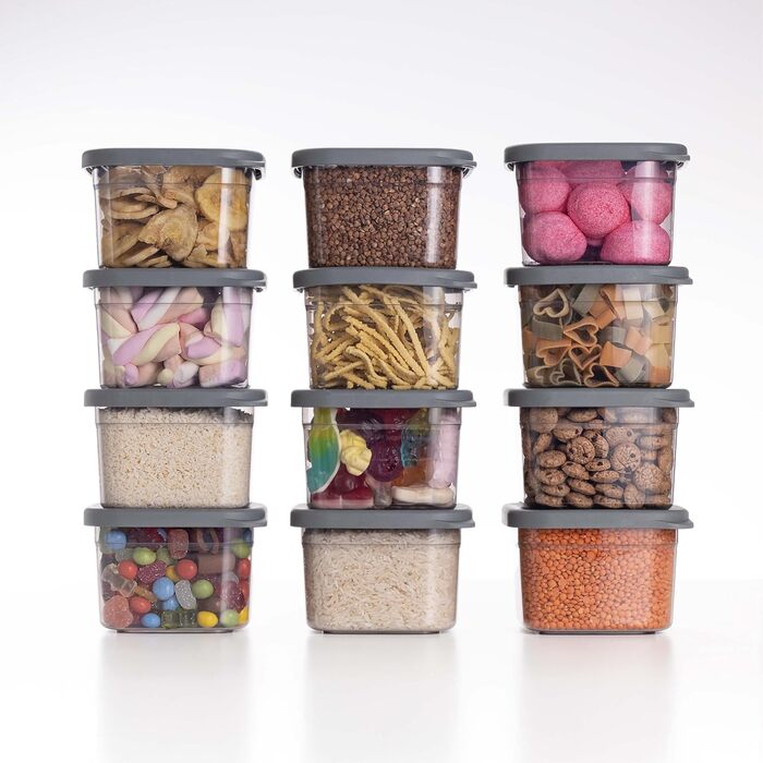 Герметичні контейнери для зберігання продуктів [набір 12 шт], Антрацит - Складаються, економія місця для кухні. Набір контейнерів для борошна, продуктів харчування, 12 шт (500 мл)