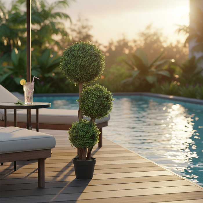 Штучна куля букса, трикульна, декоративна рослина. Штучна рослина з дерев'яним стовбуром у горщику, 30 x 30 x 100 см, зелена.