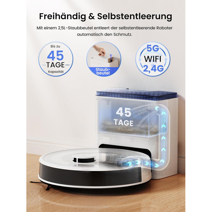 Робот-пилосос LEFANT M2Plus з функцією миття підлоги, 6000Pa, станція самостійної очистки, LiDAR-навігація, ідеальний для видалення шерсті тварин