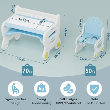 Дитячий стіл зі стільцями, для зберігання, багатофункціональний, стіл для малювання, набір стільців для дитячої кімнати (синій)