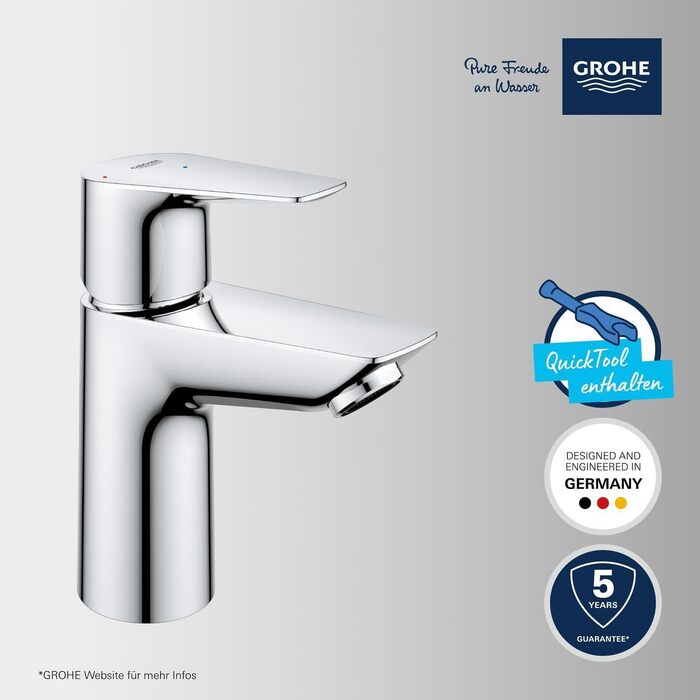 Змішувач для ванної кімнати Grohe StartEdge, економічний, холодна вода в середній позиції, з Pop-Up зливом, 3в1 інструмент, проста установка, хром, 23900001, S-Size, Push-Open, EcoJoy