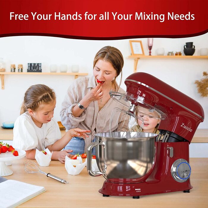 Кухонна машина Zuccie з тихою роботою, місткістю 5л, з нержавіючою сталевою чашею, 3 насадки, захист від бризок, скребок для тіста та роздільник яєць, 8+ швидкостей