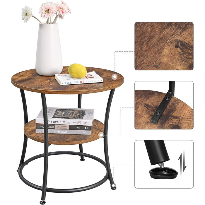 Журнальний столик VASAGLE, журнальний столик круглий, журнальний столик, 2 полиці, вітальня, спальня, проста збірка, сталевий каркас, промисловий дизайн, вінтажний коричнево-чорний LET56BX