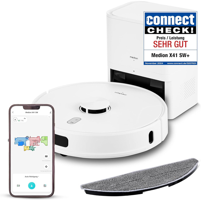 Робот-пилосос MEDION X41SW+ з док-станцією, лазерною навігацією та функцією миття підлоги. Потужність всмоктування 8000Pa, 2-в-1, створення точних карт, зони заборони, підтримка декількох поверхів
