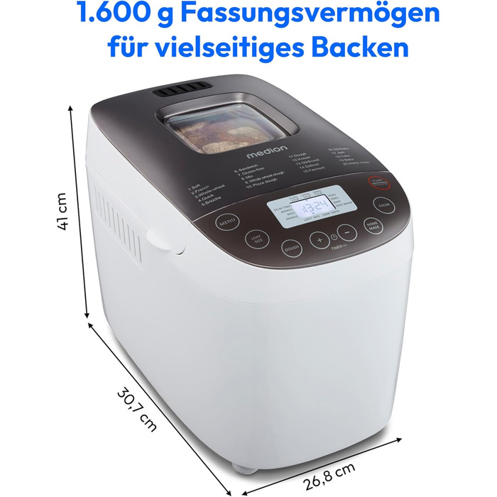 Хлібопекарня MEDION MD 12040: 20 програм, 1600г, 3 ступені пропікання, таймер