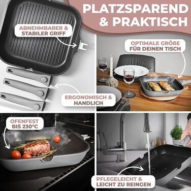Сковорода-гриль NEU 28 см з виливом та знімним ручками, антипригарне покриття, PFOA-free, для індукції, жароміцна | сковорода з покриттям для грилю | сковорода для стейків (сіра)