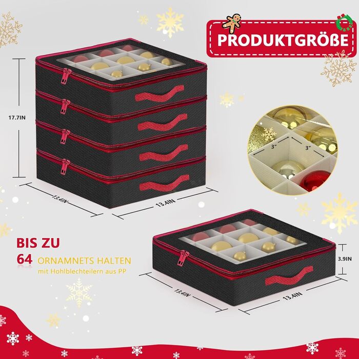 Коробка для зберігання новорічних кулічок з перегородками, 4 шт. Чорна коробка для прикрас на ялинку, органайзер для новорічних іграшок, складна, з ручками, для зберігання та штабелювання