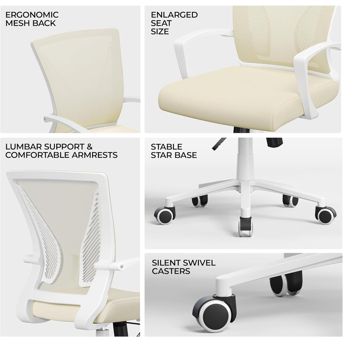 Офісний стілець Yaheetech ергономічний з сітчастою спинкою, регульований, з підлокітниками, бежевий, до 136 кг