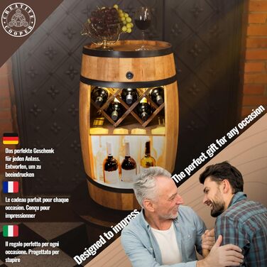 Дерев'яний бочонок-бар Fass від Creative Cooper: полиця для вина з LED підсвічуванням, 80x50 см, рустикальний дизайн, для дому