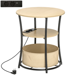 HOMCOM Приставний столик з 3-ма рівнями, журнальний столик з підзарядною станцією, тканинний кишень для зберігання, полиця, 50x50x55,1 см, натуральне дерево