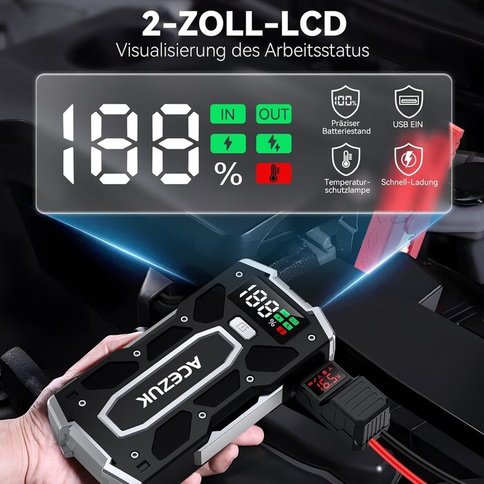 Портативний зарядний пристрій Starthilfe Powerbank 6000A для автомобіля з LED-ліхтариком та великим екраном (7000A Чорний)