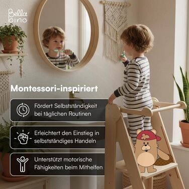 Bellabino Tay: Навчальний столик-лесенка для дітей від 1 року - Білий, регульований, Монтессорі, з захистом від перекидання, з натурального дерева, для безпечного самостійного навчання