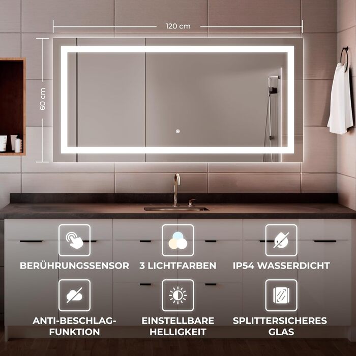 Дзеркало для ванної кімнати BR Bringer LED з підсвічуванням 60x80 см, антизапарник, диммування, 3 кольори світла, сенсорне управління, модель BRS102