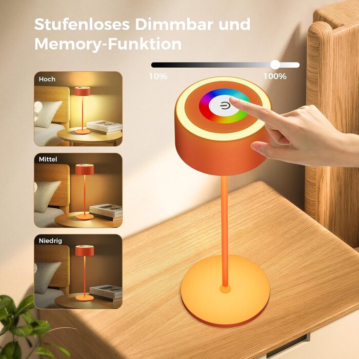 Бездротова LED-лампа TYEE на акумуляторі з регулюванням яскравості, 3000-6000K+RGB, USB-C, водонепроникна IP54, алюміній, для дому та вулиці (Оранжева)