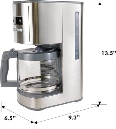 Кавоварка Koolatron Kenmore на 12 чашок, програмована кавоварка з фільтром 1.8 л крапельна кавоварка з технологією швидкого заварювання, цифровий дисплей, таймер, скляний графин, безпечна посудомийна машина, нержавіюча сталь, срібло