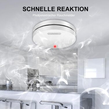 Датчик диму Rauchmelder з батареєю на 10 років, плоский, сертифікат TÜV Rheinland, функція вимкнення звуку, гучний сигнал 85dB, автономний, чутливий, білий (набір 6 шт.)