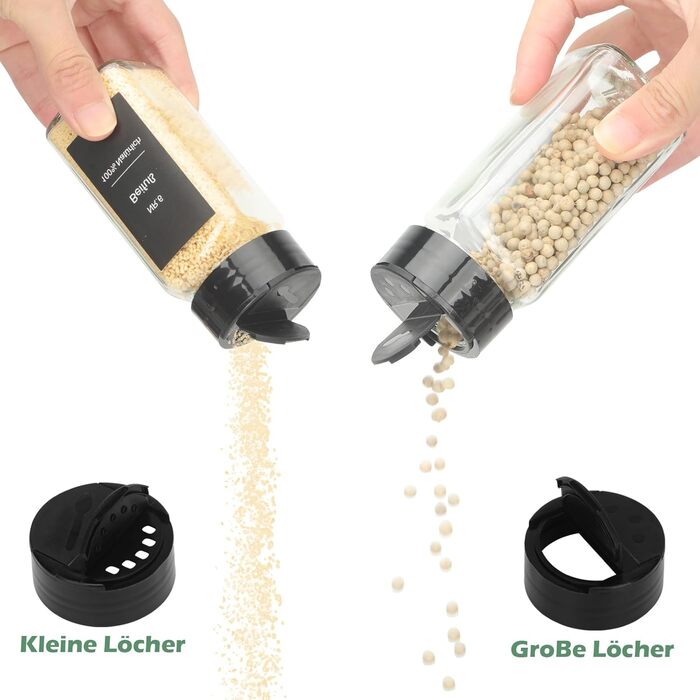 Набір скляних банок для спецій 30 шт. з дозатором, вологостійкі етикетки, 120 мл, чорний колір, органайзер для спецій