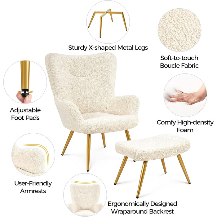 Крісло-мішок Yaheetech з пуфом, біле, з м'якою оббивкою з поліестеру. Крісло для відпочинку, телевізора, коктейлів.