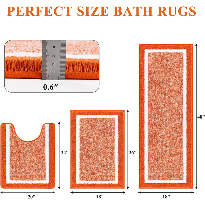 Набір килимків для ванної кімнати Pauwer, 3 шт. (душовий килимок, килимок для туалету), мікрофібра, антиковзаючі, машинне прання, плюшеві, 18'x26'+18'x48'+U Shape 20'x24', помаранчевий/червоний, в смугастий візерунок (Sunset Chevron)