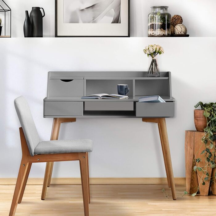 Дитячий письмовий стіл Teamson Home Creativo з МДФ, з полицями та шухлядами, білий/натуральний, VNF-00045 (Світло-сірий)