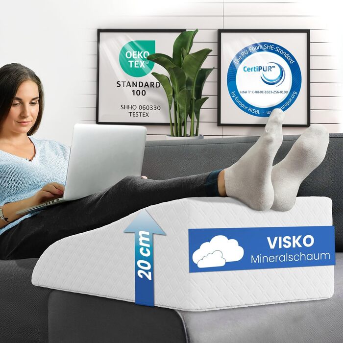 Подушка для підйому ніг ELONEO з піною з пам'яті, 68x40x16 см, для зняття навантаження, знімний чохол (Medium, Біла)