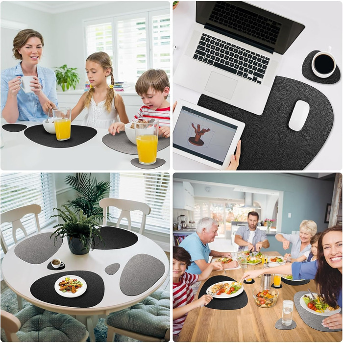 Набір з 6 серветок на стіл, миючі, з підставками, двосторонні, з імітацією шкіри, водонепроникні для обіднього столу, кухні, ресторану та дому (6 шт., чорний)