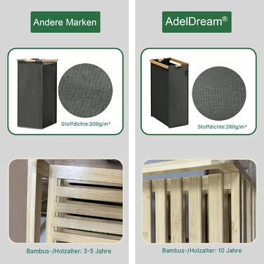 Кошик для білизни AdelDream Premium 200L з 4 відділеннями, висувний та знімний мішок для білизни з бамбуковим каркасом, сірий – кошик для білизни та органайзер для ванної кімнати та спальні