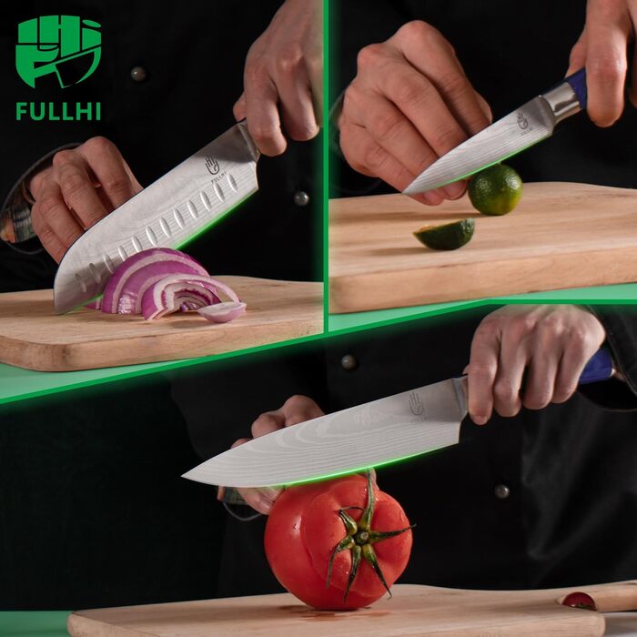 Японський набір ножів Fullhi 15 предметів з магнітним підставкою, леза з японської сталі, ергономічні ручки з фіолетового харчу, для професійної та домашньої кухні
