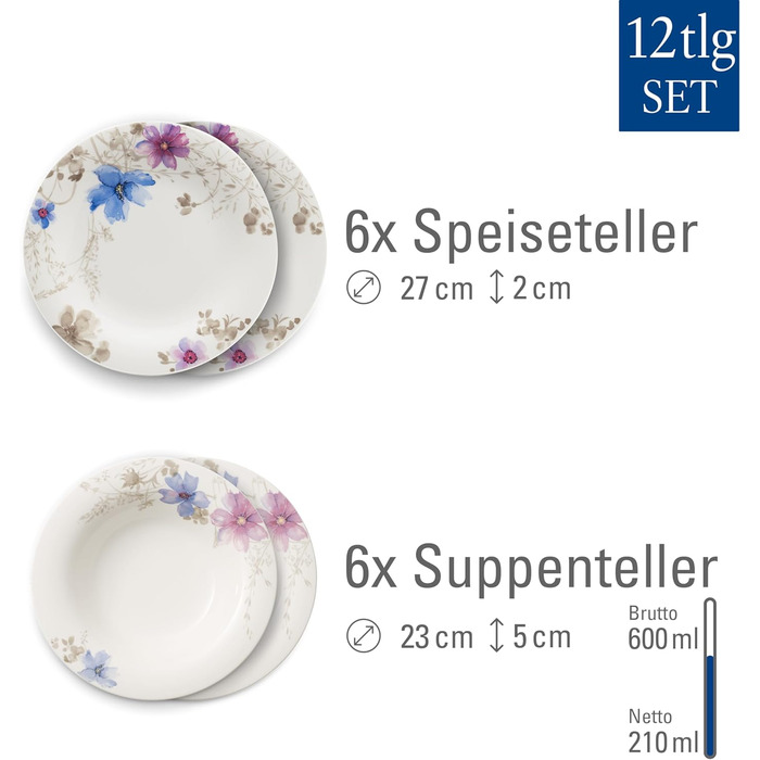 Кавовий сервіз Villeroy & Boch Mariefleur Gris Basic на 6 осіб (18 предметів), порцеляновий сервіз з квітами, преміум-якість