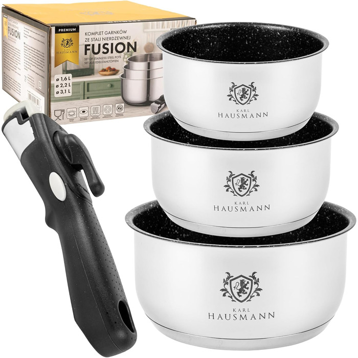 Набір каструль з знімними ручками (3 шт.) з нержавіючої сталі - сумісний з індукційними плитами. Набір каструль, сковорідок та посуду з гранітним покриттям
