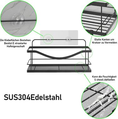 Душова полиця Душові полиці без свердління, Душовий кошик самоклеючий матовий чорний, Полиця для ванної кімнати Полиця для ванної кімнати Душовий органайзер з нержавіючої сталі, 2 шт. и